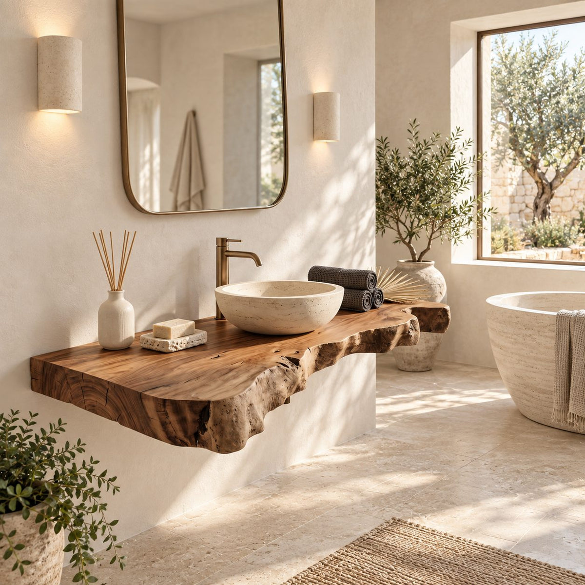 Sculptural Chunky Live Edge Floating Vanity Slab For Spa Bathroom