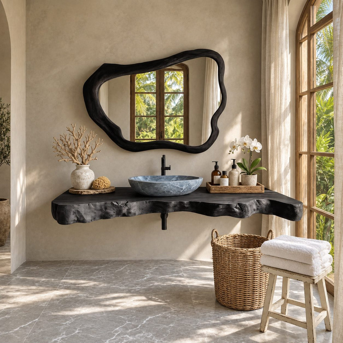 Sculptural Chunky Live Edge Floating Vanity Slab For Spa Bathroom