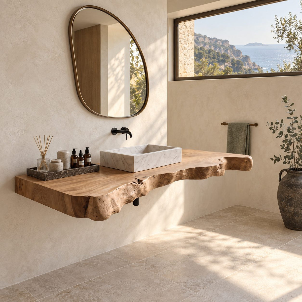 Sculptural Chunky Live Edge Floating Vanity Slab For Spa Bathroom