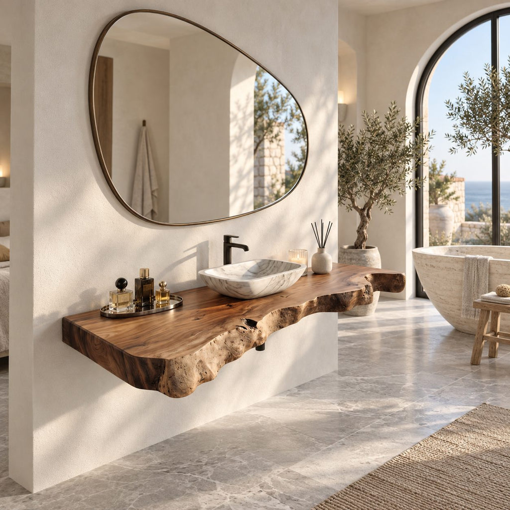 Sculptural Chunky Live Edge Floating Vanity Slab For Spa Bathroom