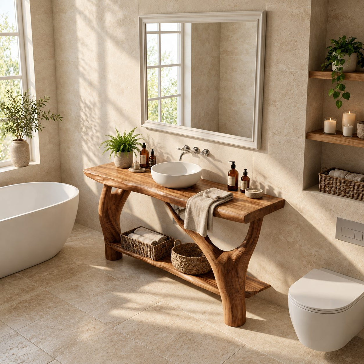 Woodland Branch Leg Solid Wood Bathroom Vanity With Lower Shelf