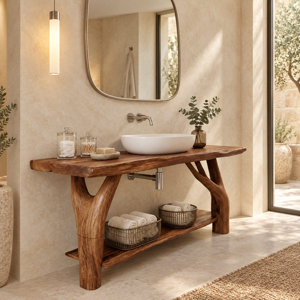 Woodland Branch Leg Solid Wood Bathroom Vanity With Lower Shelf