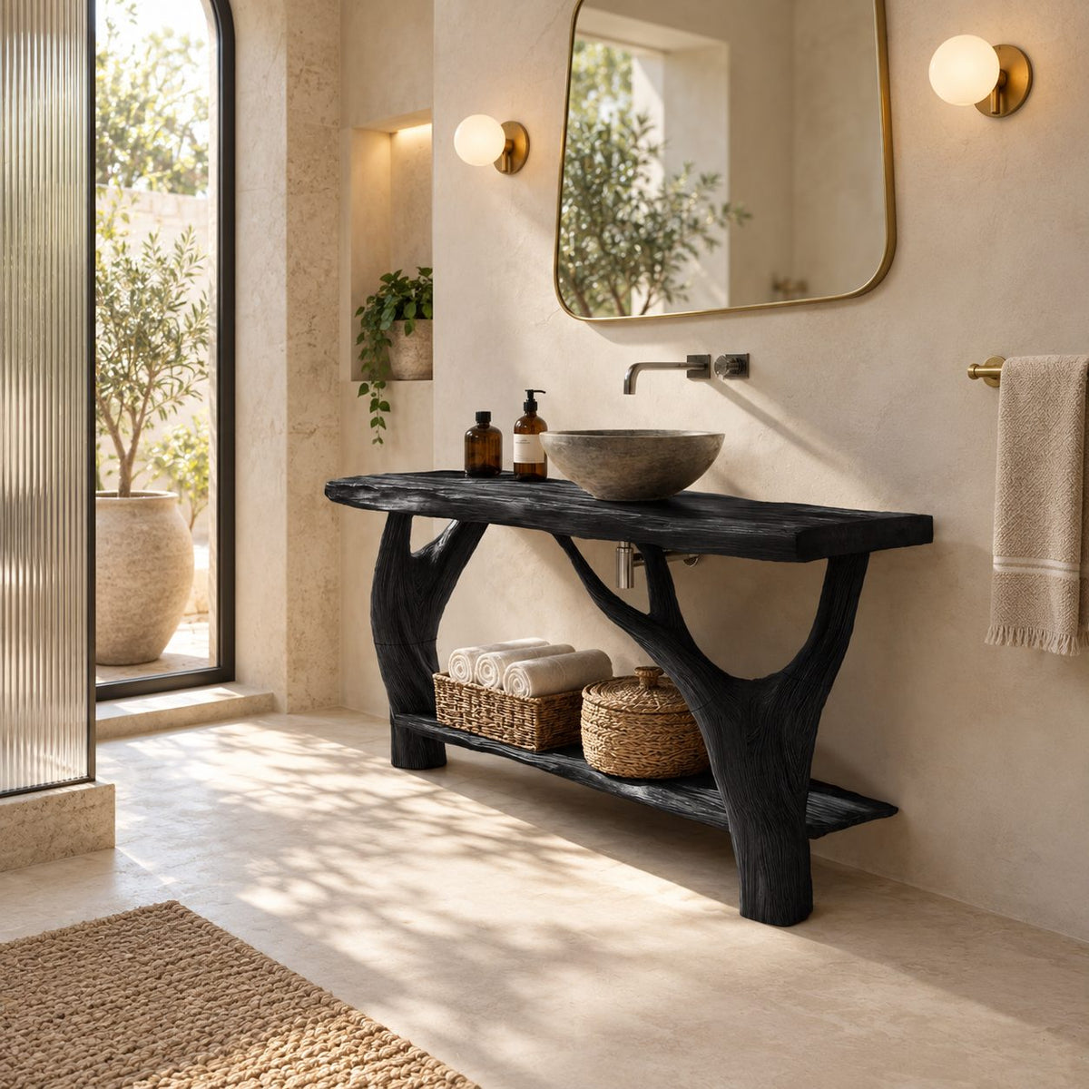 Woodland Branch Leg Solid Wood Bathroom Vanity With Lower Shelf