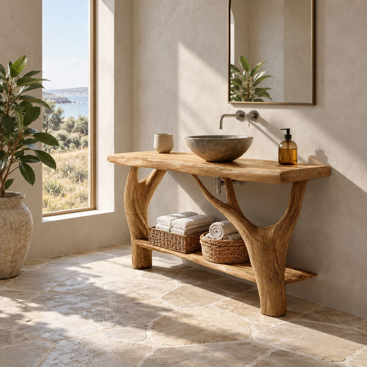 Woodland Branch Leg Solid Wood Bathroom Vanity With Lower Shelf