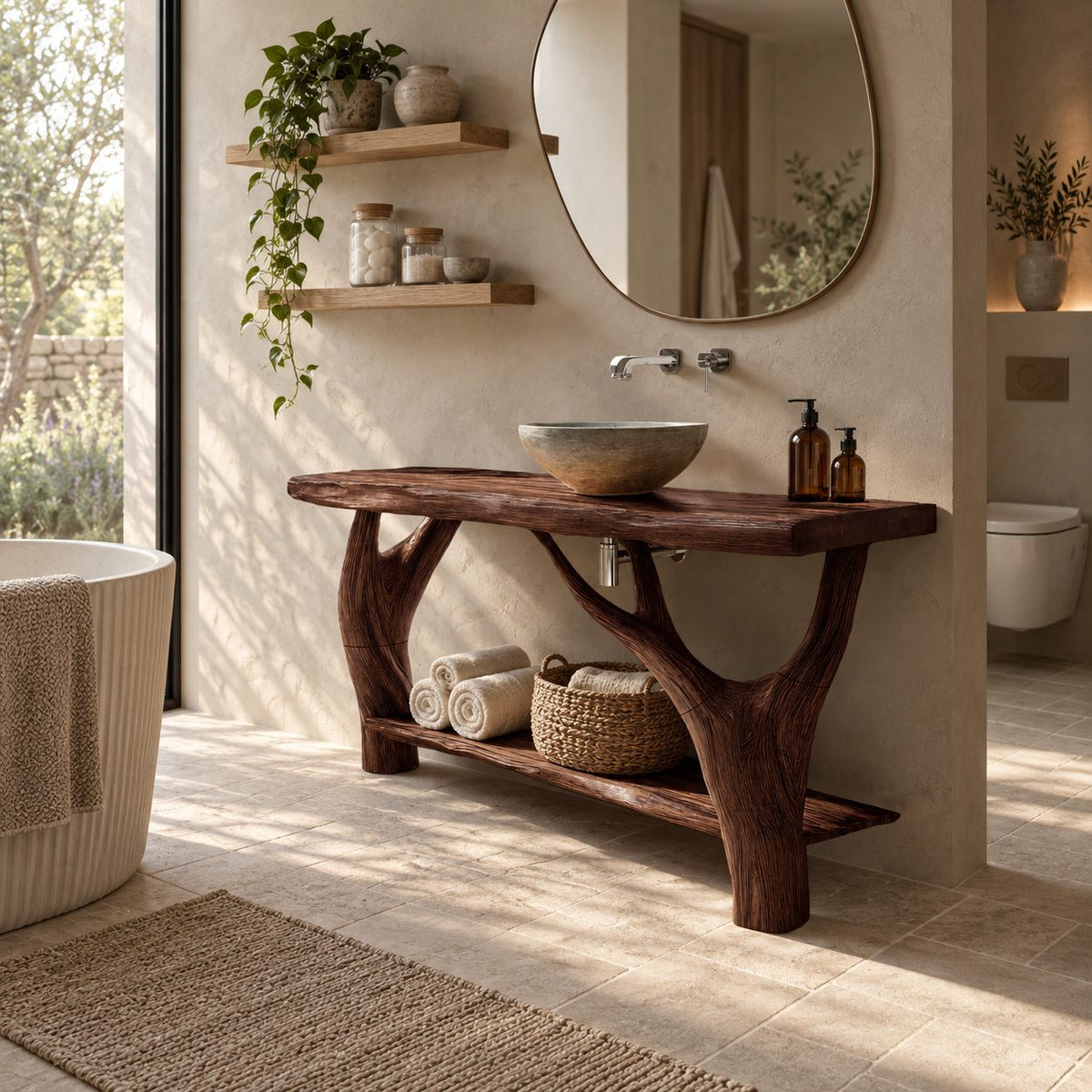 Woodland Branch Leg Solid Wood Bathroom Vanity With Lower Shelf
