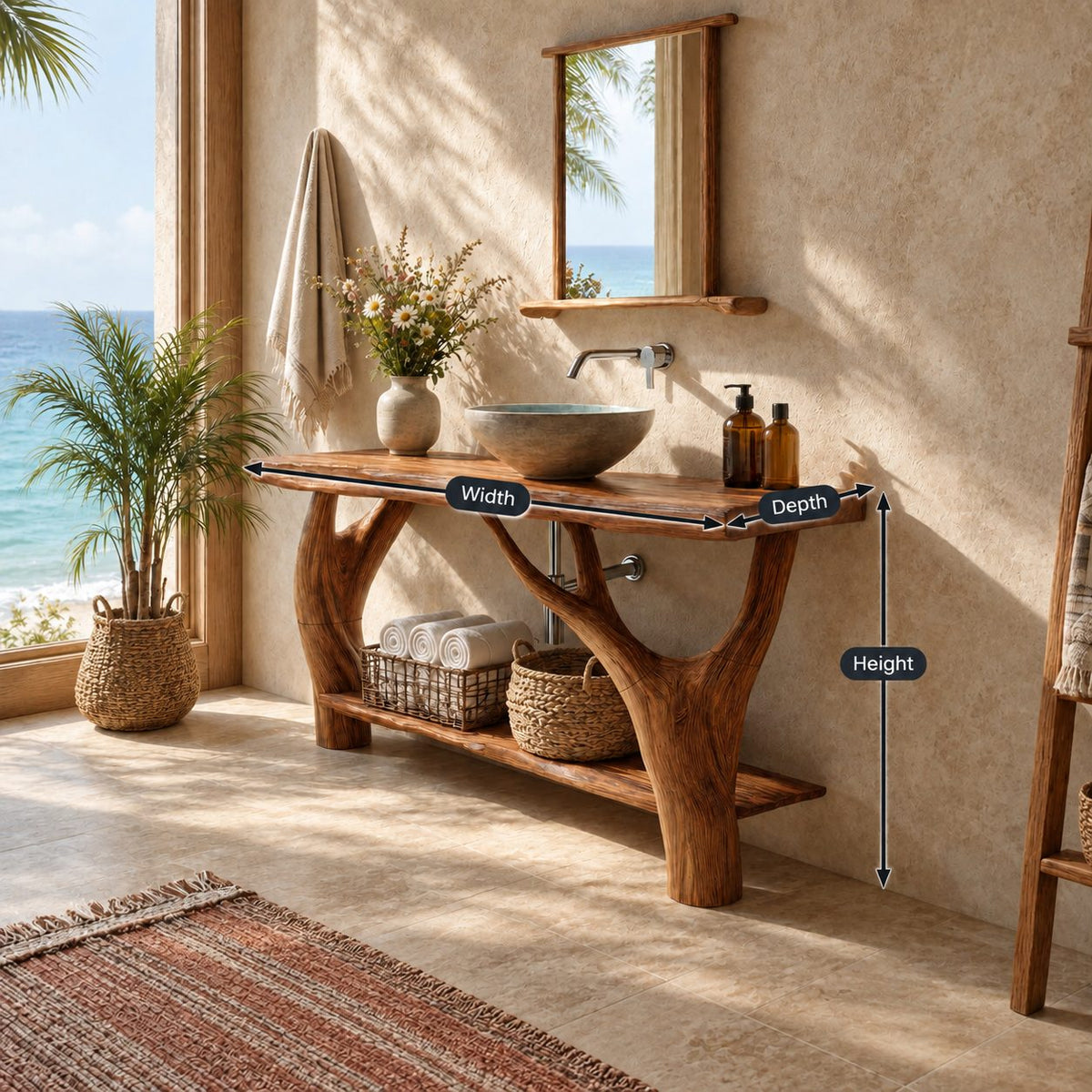 Woodland Branch Leg Solid Wood Bathroom Vanity With Lower Shelf