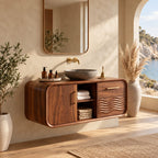 Japandi Rounded Floating Bathroom Vanity With Wave Carved Drawers