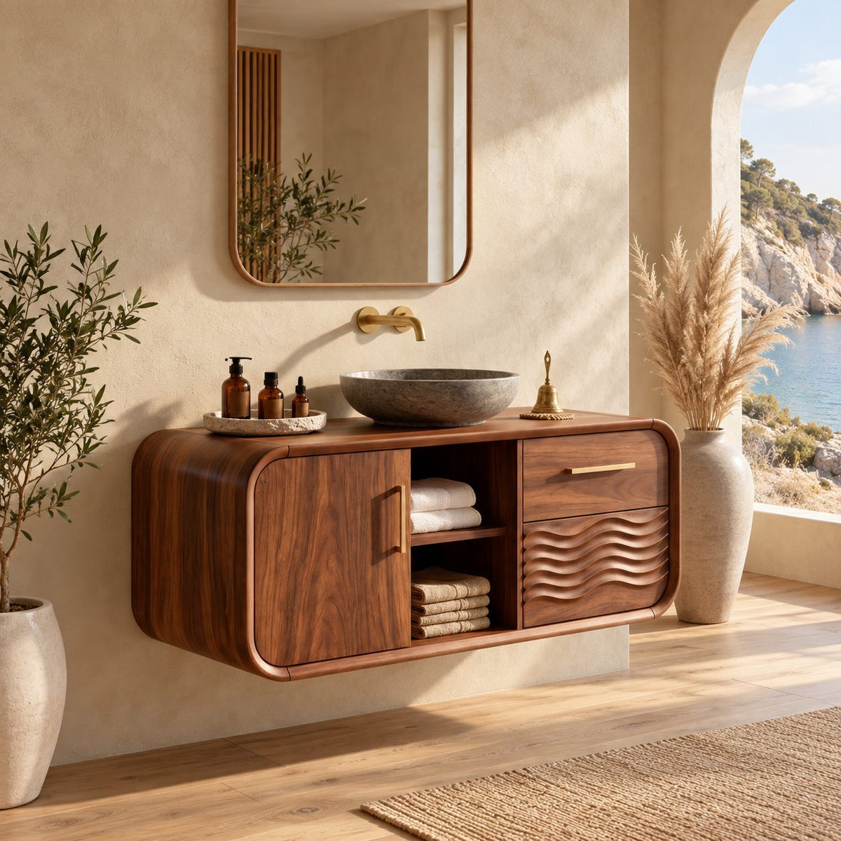 Japandi Rounded Floating Bathroom Vanity With Wave Carved Drawers