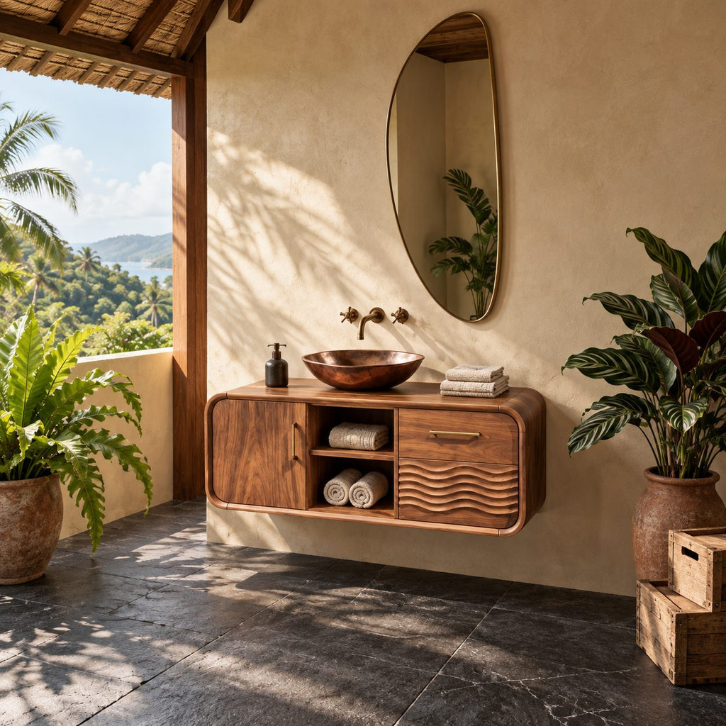 Japandi Rounded Floating Bathroom Vanity With Wave Carved Drawers