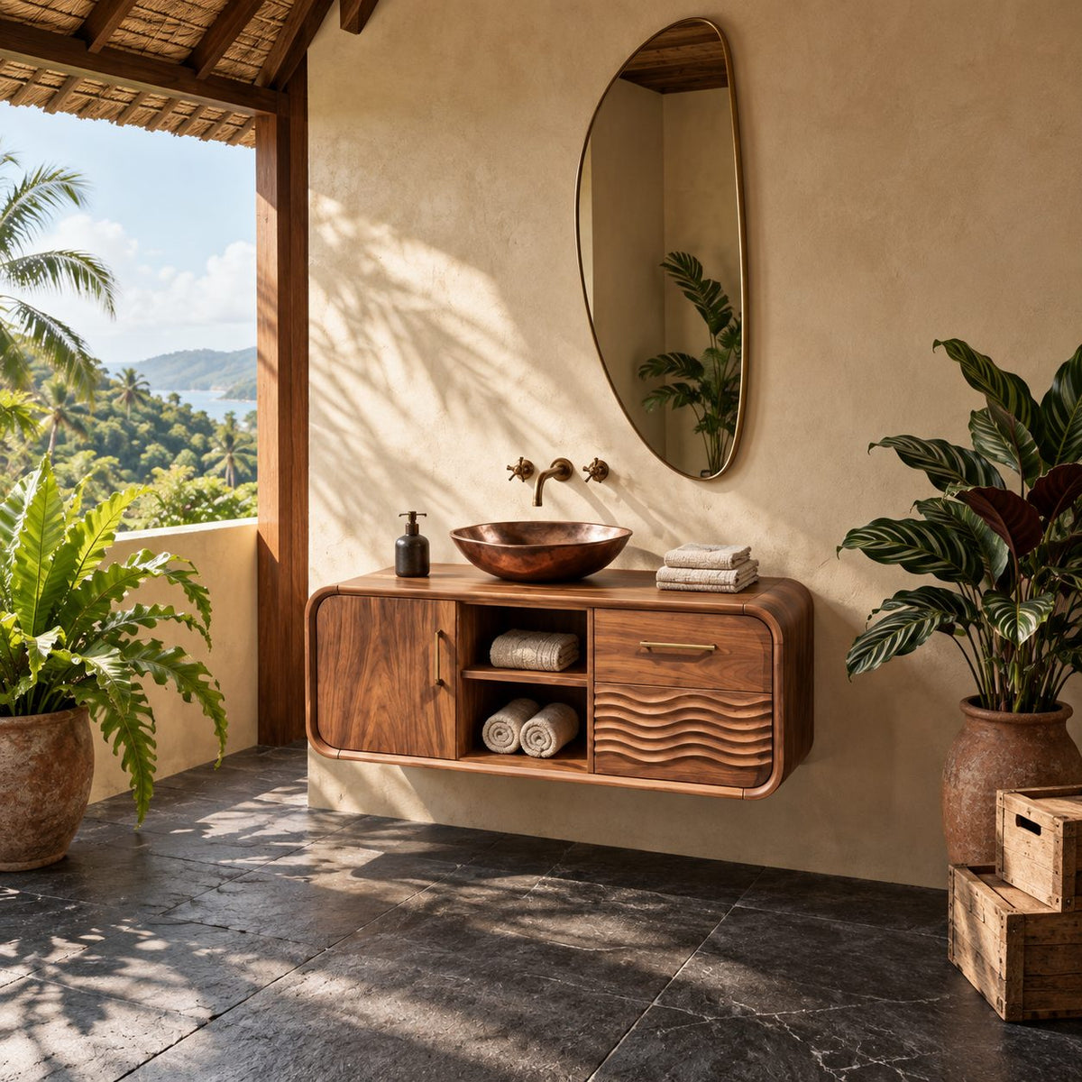 Japandi Rounded Floating Bathroom Vanity With Wave Carved Drawers