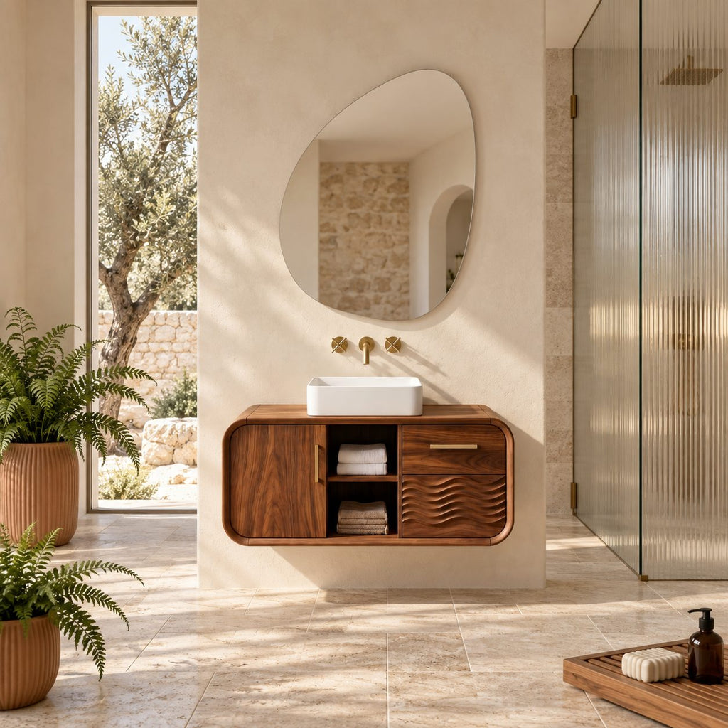 Japandi Rounded Floating Bathroom Vanity With Wave Carved Drawers