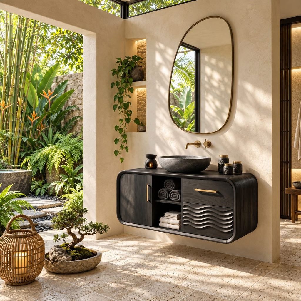 Japandi Rounded Floating Bathroom Vanity With Wave Carved Drawers