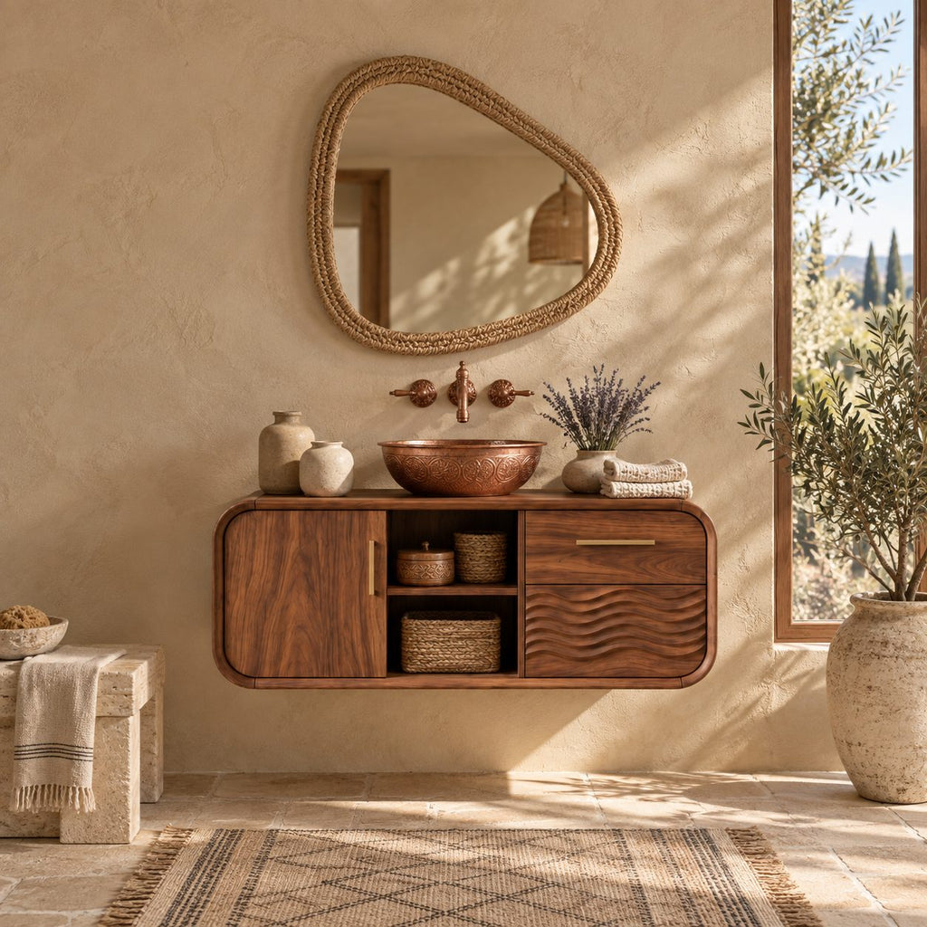 Japandi Rounded Floating Bathroom Vanity With Wave Carved Drawers