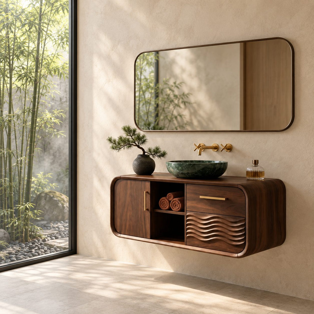 Japandi Rounded Floating Bathroom Vanity With Wave Carved Drawers