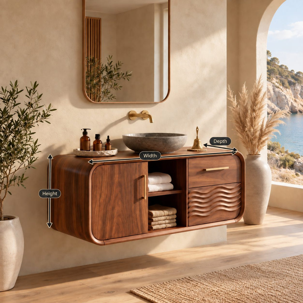 Japandi Rounded Floating Bathroom Vanity With Wave Carved Drawers