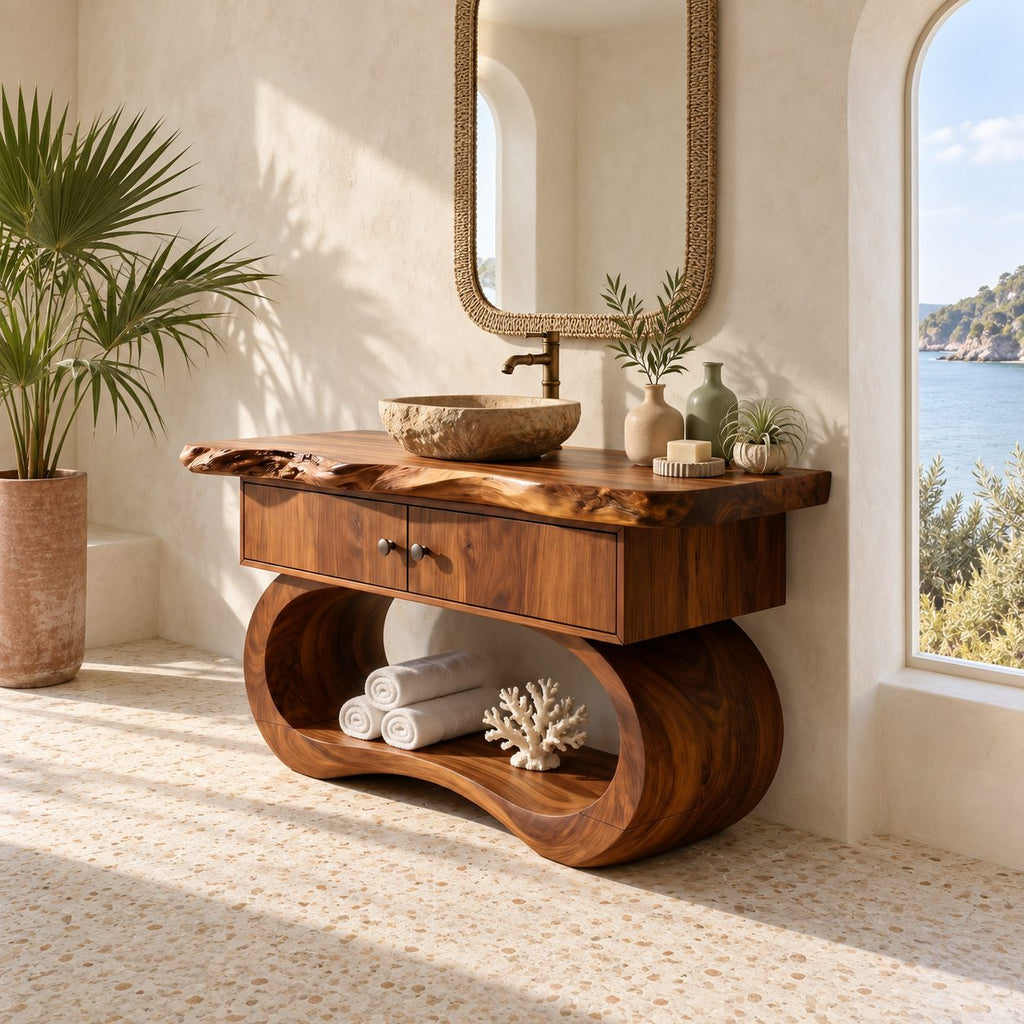 Sculptural Live Edge Bathroom Vanity With Looped Base And Open Shelf