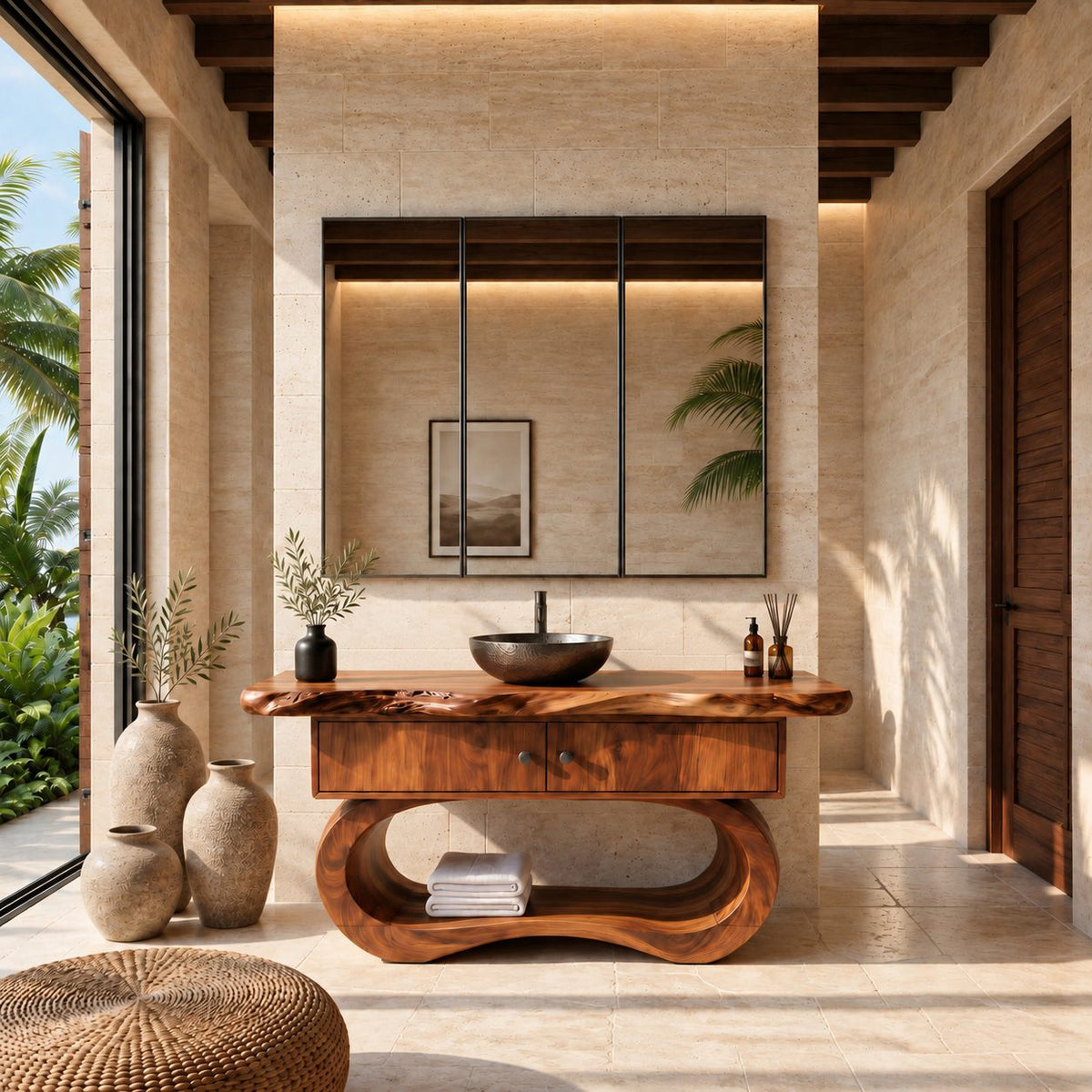 Sculptural Live Edge Bathroom Vanity With Looped Base And Open Shelf