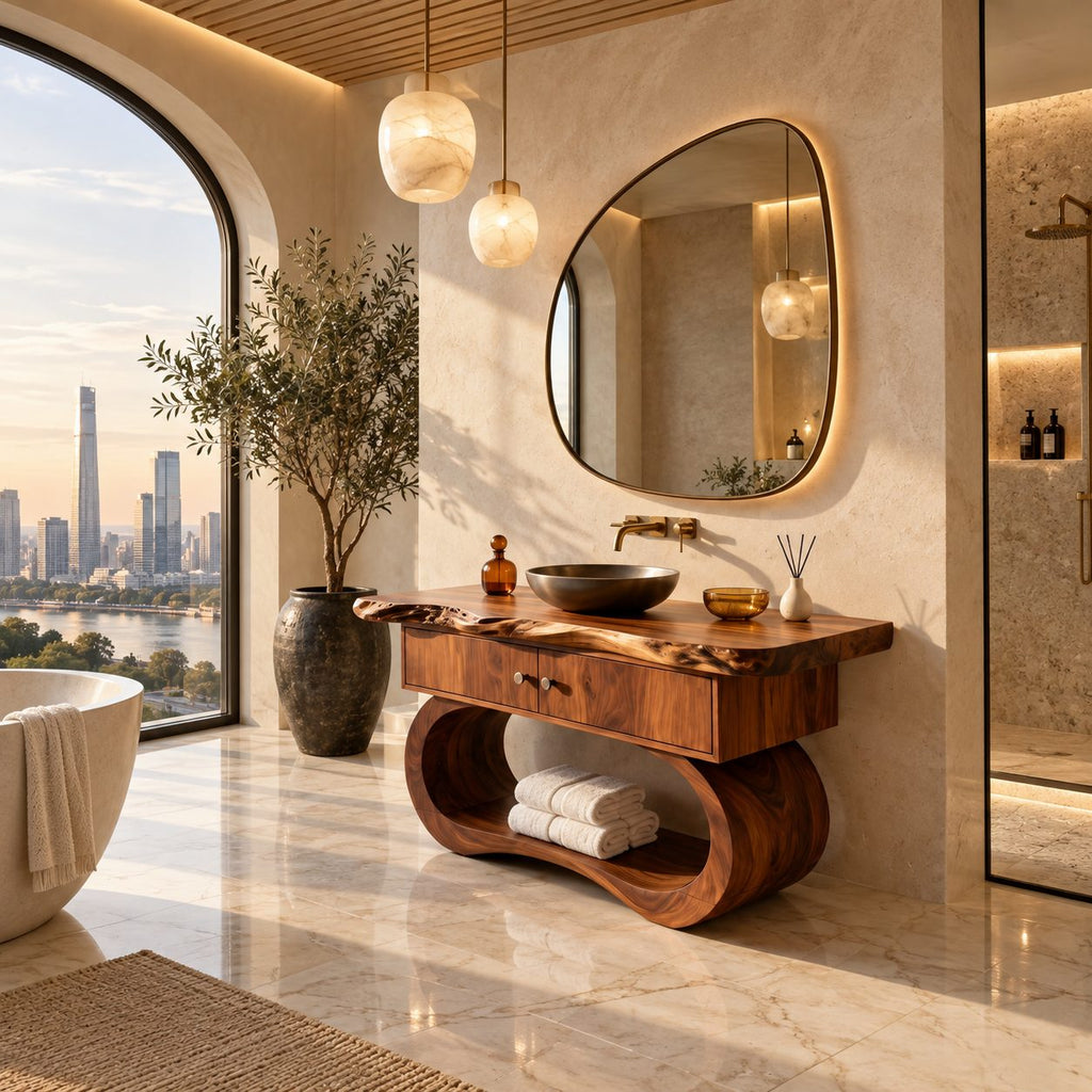 Sculptural Live Edge Bathroom Vanity With Looped Base And Open Shelf
