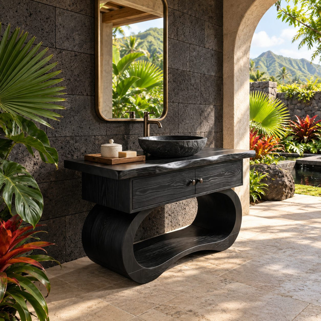 Sculptural Live Edge Bathroom Vanity With Looped Base And Open Shelf