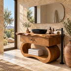 Sculptural Live Edge Bathroom Vanity With Looped Base And Open Shelf
