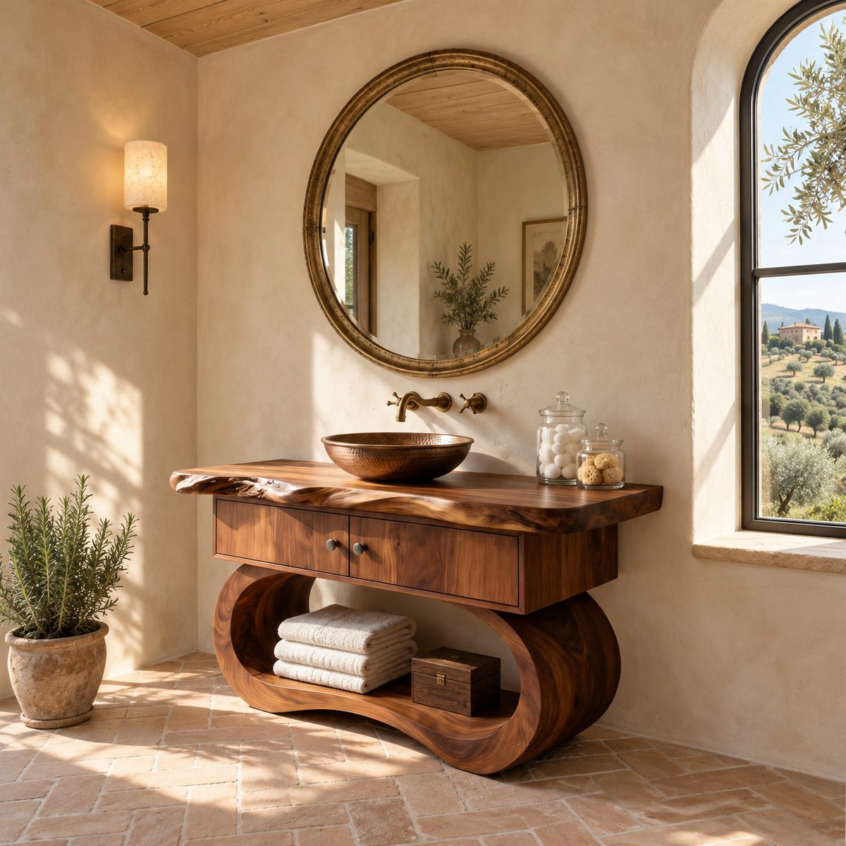 Sculptural Live Edge Bathroom Vanity With Looped Base And Open Shelf