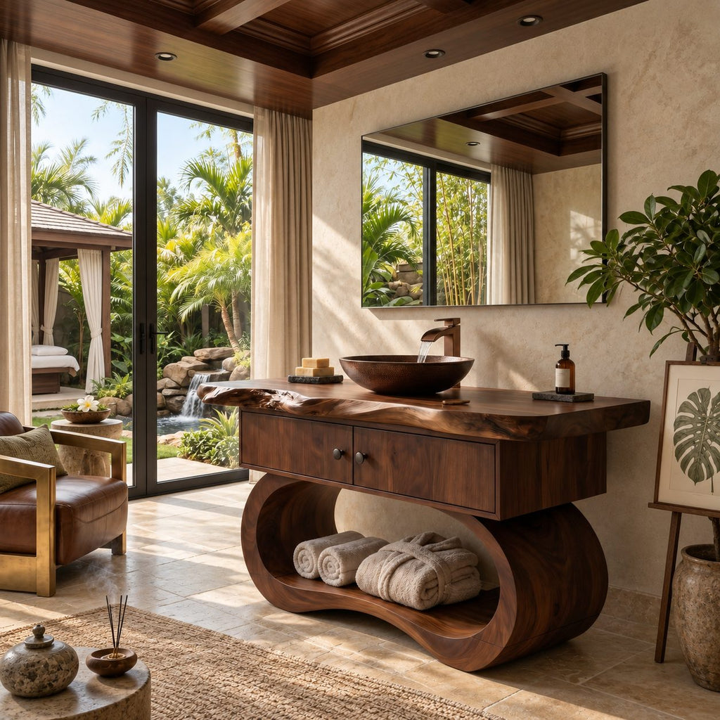 Sculptural Live Edge Bathroom Vanity With Looped Base And Open Shelf