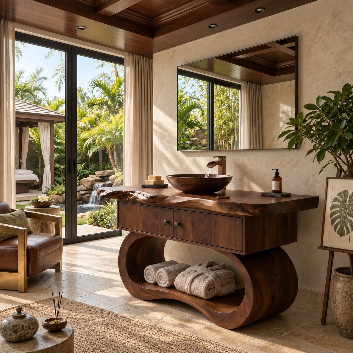 Sculptural Live Edge Bathroom Vanity With Looped Base And Open Shelf
