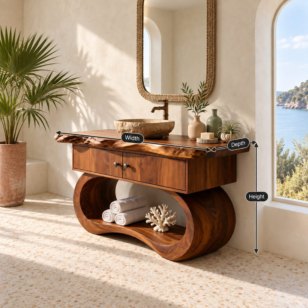Sculptural Live Edge Bathroom Vanity With Looped Base And Open Shelf