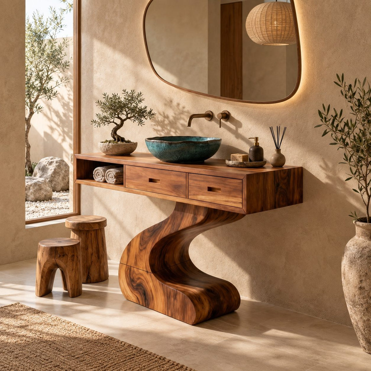 Contemporary Curved Pedestal Bathroom Vanity With 2 Drawers