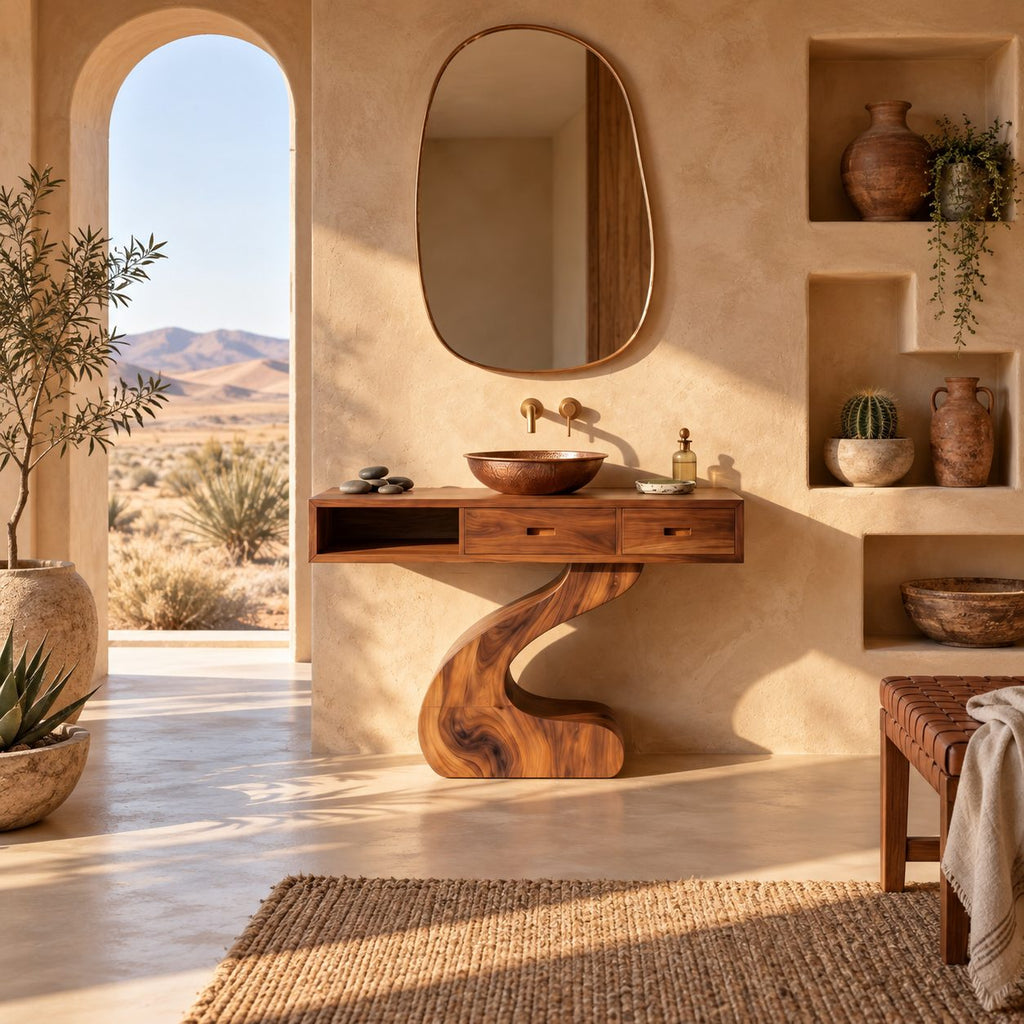 Contemporary Curved Pedestal Bathroom Vanity With 2 Drawers