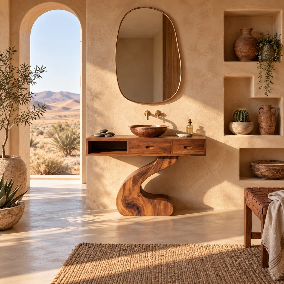 Contemporary Curved Pedestal Bathroom Vanity With 2 Drawers