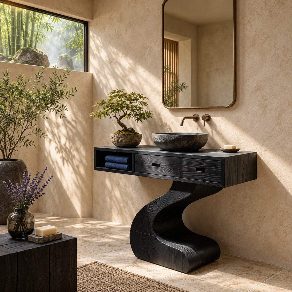 Contemporary Curved Pedestal Bathroom Vanity With 2 Drawers