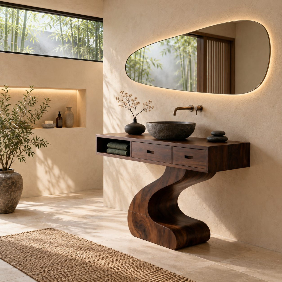 Contemporary Curved Pedestal Bathroom Vanity With 2 Drawers