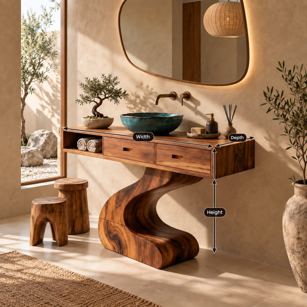 Contemporary Curved Pedestal Bathroom Vanity With 2 Drawers
