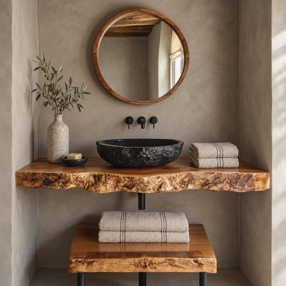 Industrial Burl Edge Floating Bathroom Vanity Set With Lower Plank Shelf