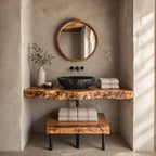 Industrial Burl Edge Floating Bathroom Vanity Set With Lower Plank Shelf