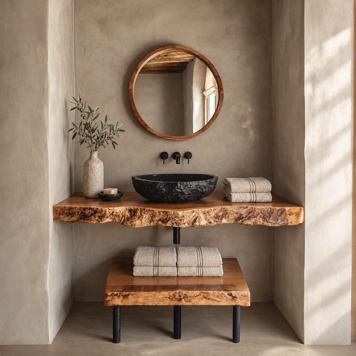 Industrial Burl Edge Floating Bathroom Vanity Set With Lower Plank Shelf