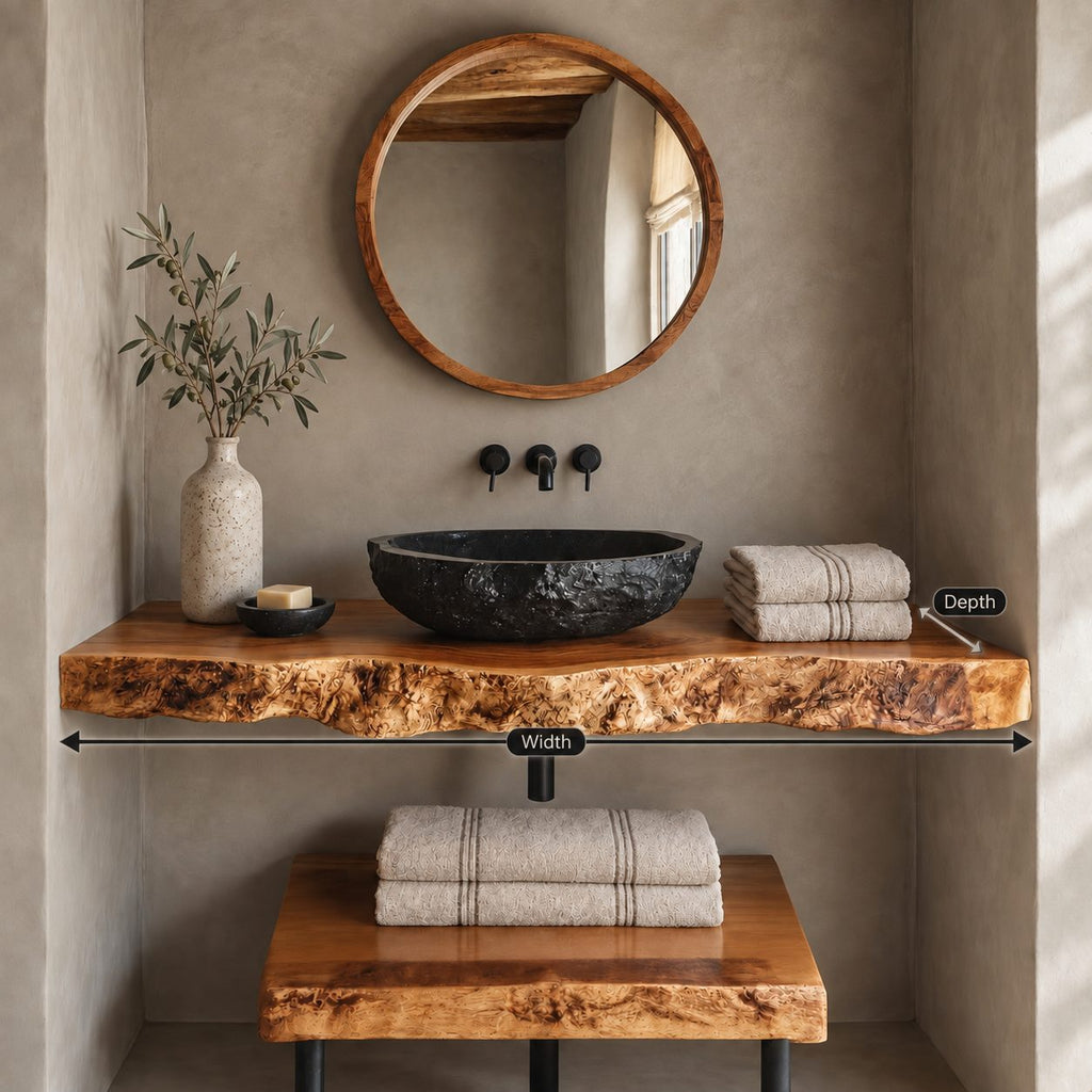 Industrial Burl Edge Floating Bathroom Vanity Set With Lower Plank Shelf