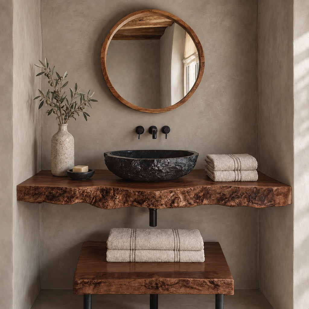 Industrial Burl Edge Floating Bathroom Vanity Set With Lower Plank Shelf