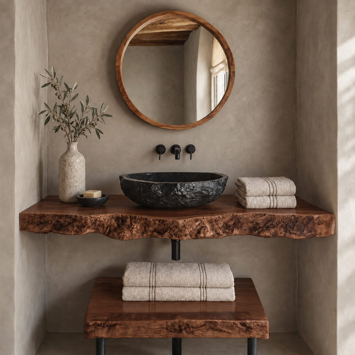Industrial Burl Edge Floating Bathroom Vanity Set With Lower Plank Shelf