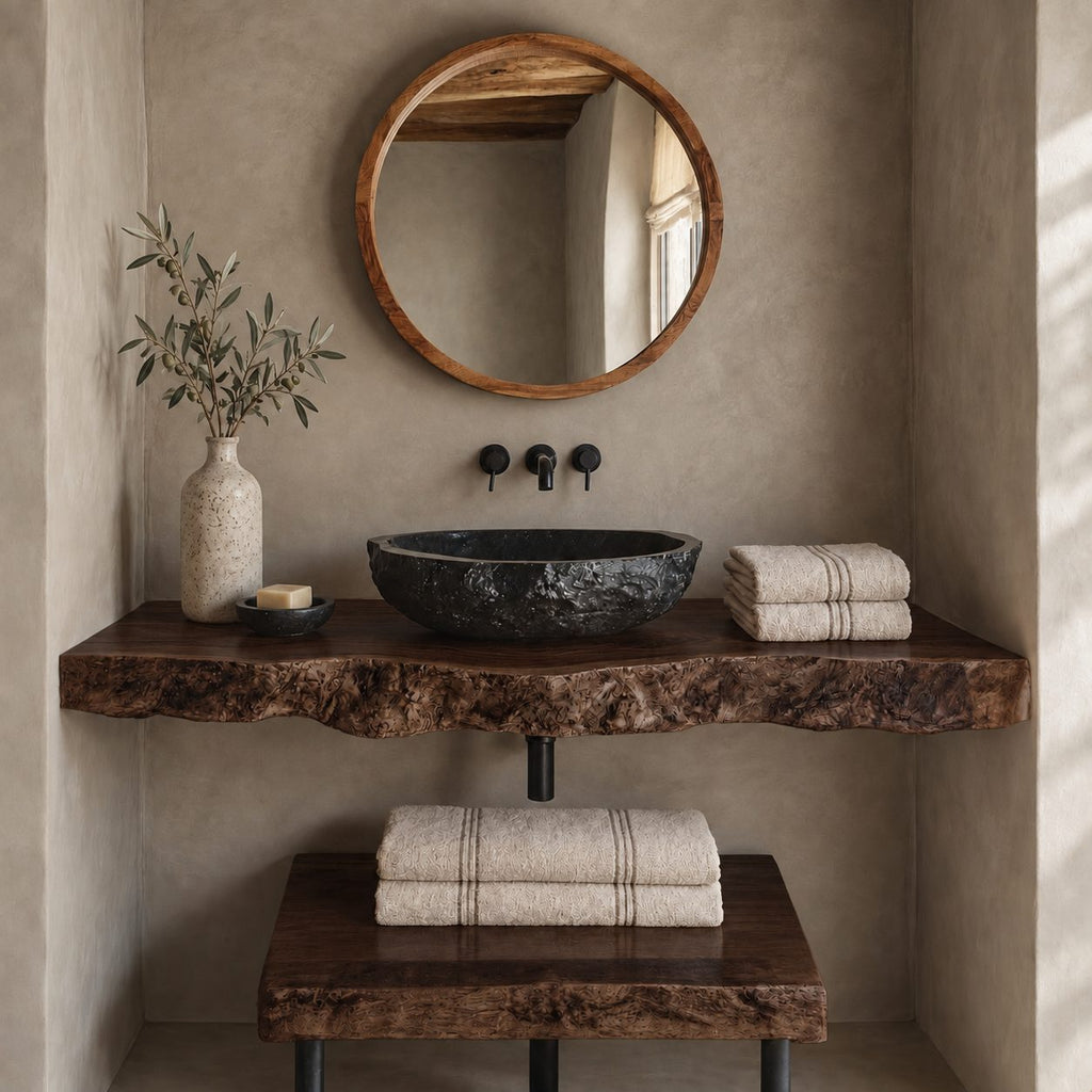Industrial Burl Edge Floating Bathroom Vanity Set With Lower Plank Shelf