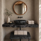 Industrial Burl Edge Floating Bathroom Vanity Set With Lower Plank Shelf