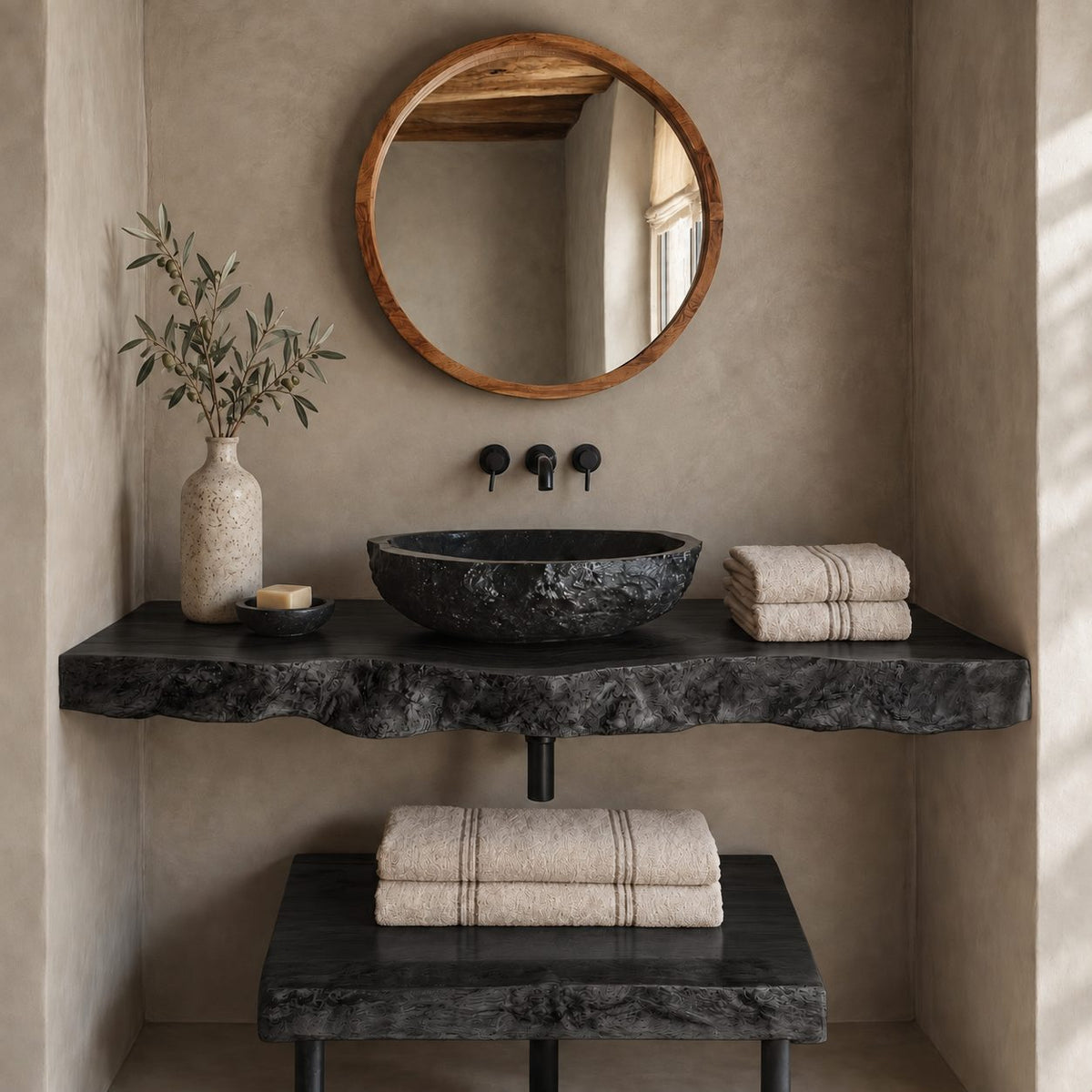 Industrial Burl Edge Floating Bathroom Vanity Set With Lower Plank Shelf