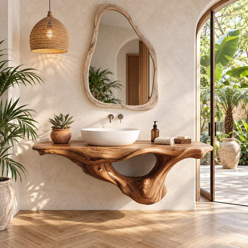 Coastal Sculpted Floating Bathroom Vanity With Driftwood Style Hollow