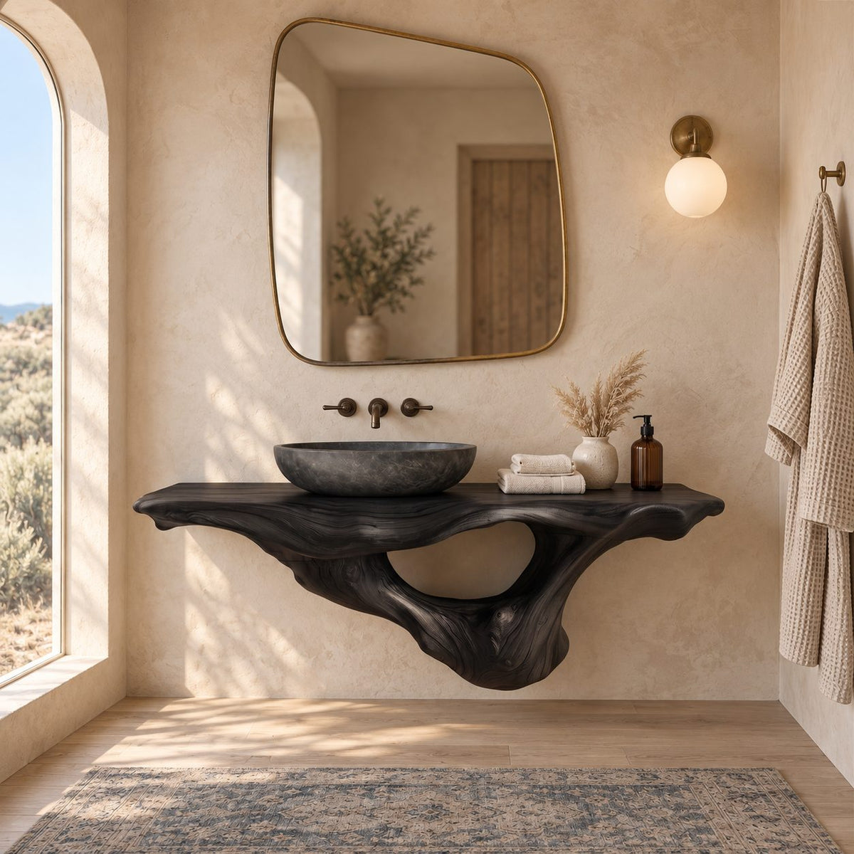 Coastal Sculpted Floating Bathroom Vanity With Driftwood Style Hollow