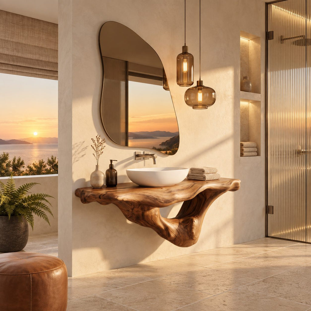 Coastal Sculpted Floating Bathroom Vanity With Driftwood Style Hollow