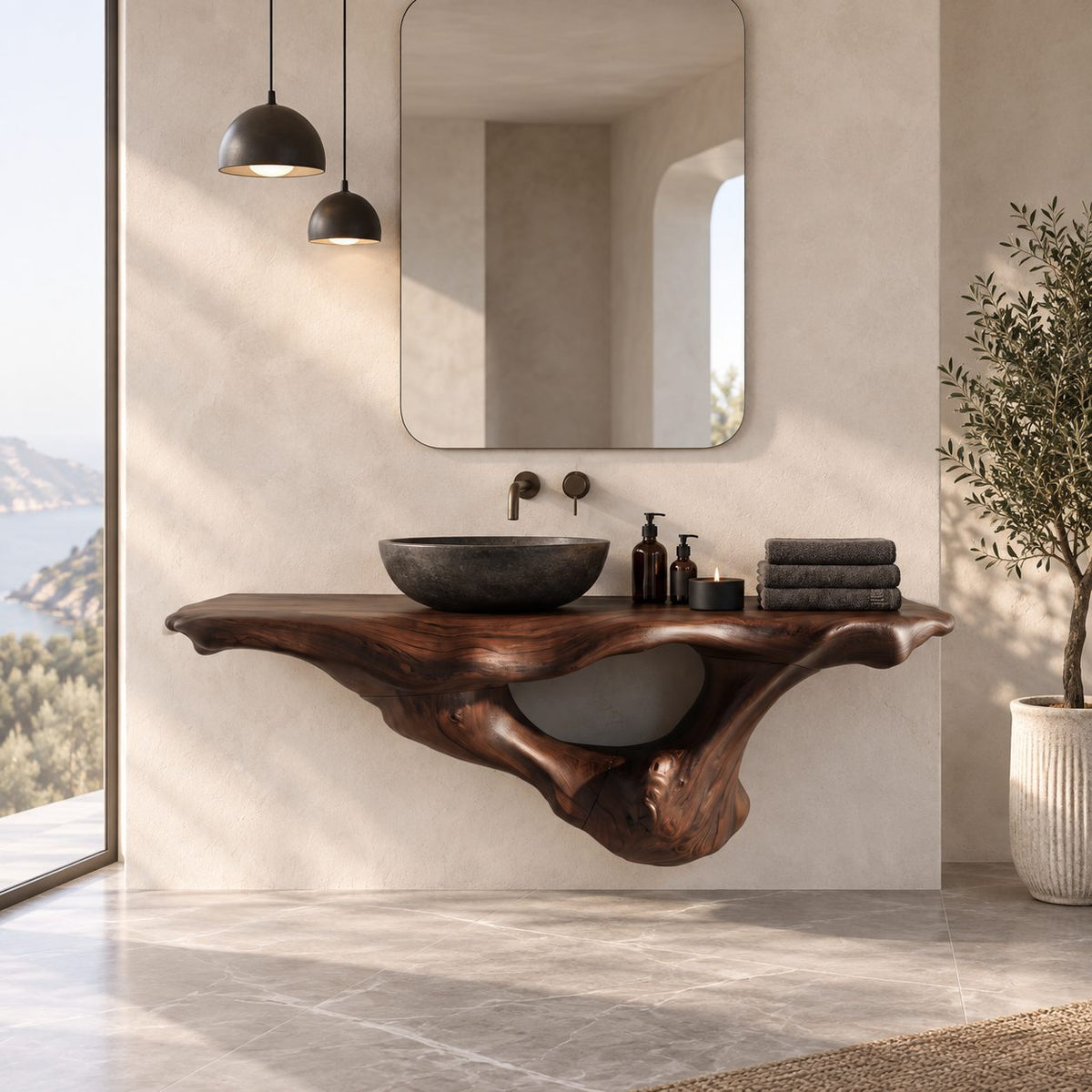 Coastal Sculpted Floating Bathroom Vanity With Driftwood Style Hollow