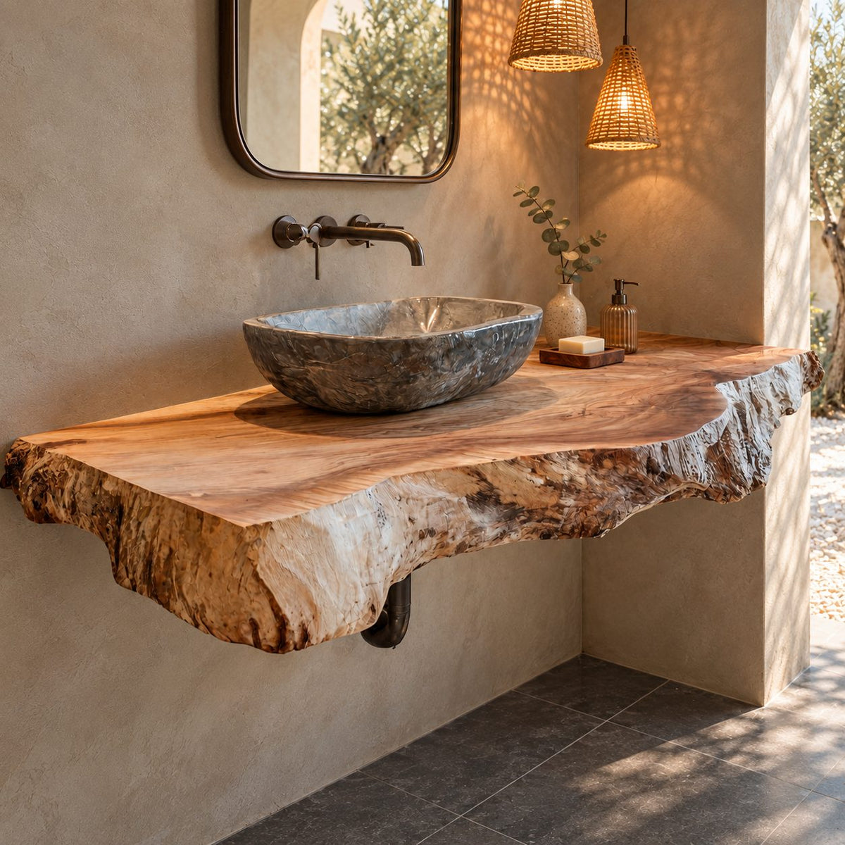 Rustic Thick Slab Floating Bathroom Vanity With Raw Natural Edge