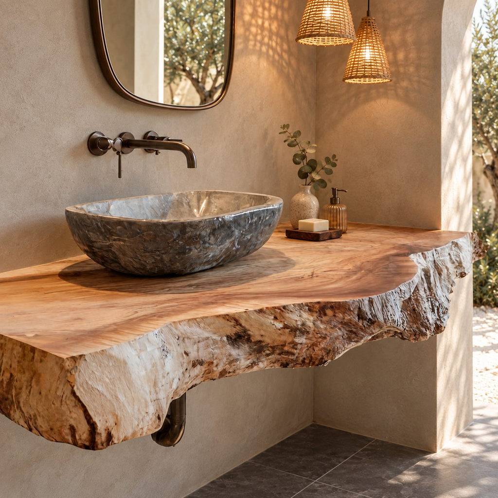 Rustic Thick Slab Floating Bathroom Vanity With Raw Natural Edge
