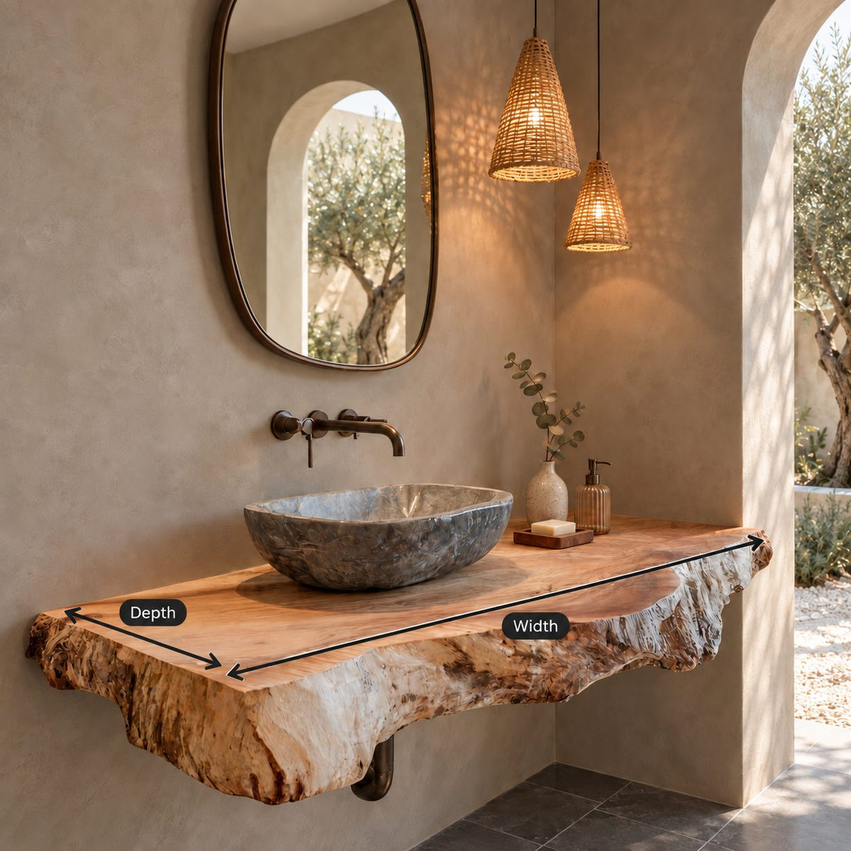 Rustic Thick Slab Floating Bathroom Vanity With Raw Natural Edge